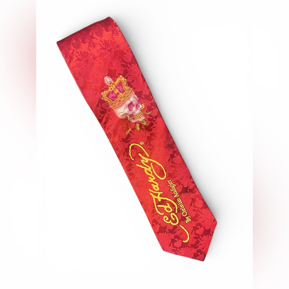 Ed Hardy‎ Silk Tie Red Skull Crown Tattoo Print Y2K Luxe Graphic